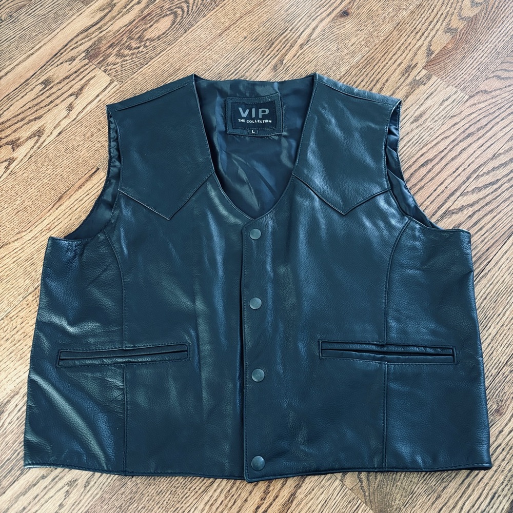 Mens Vintage Black Leather Vest L Motorcycle Biker Sleeveless Jacket EUC L